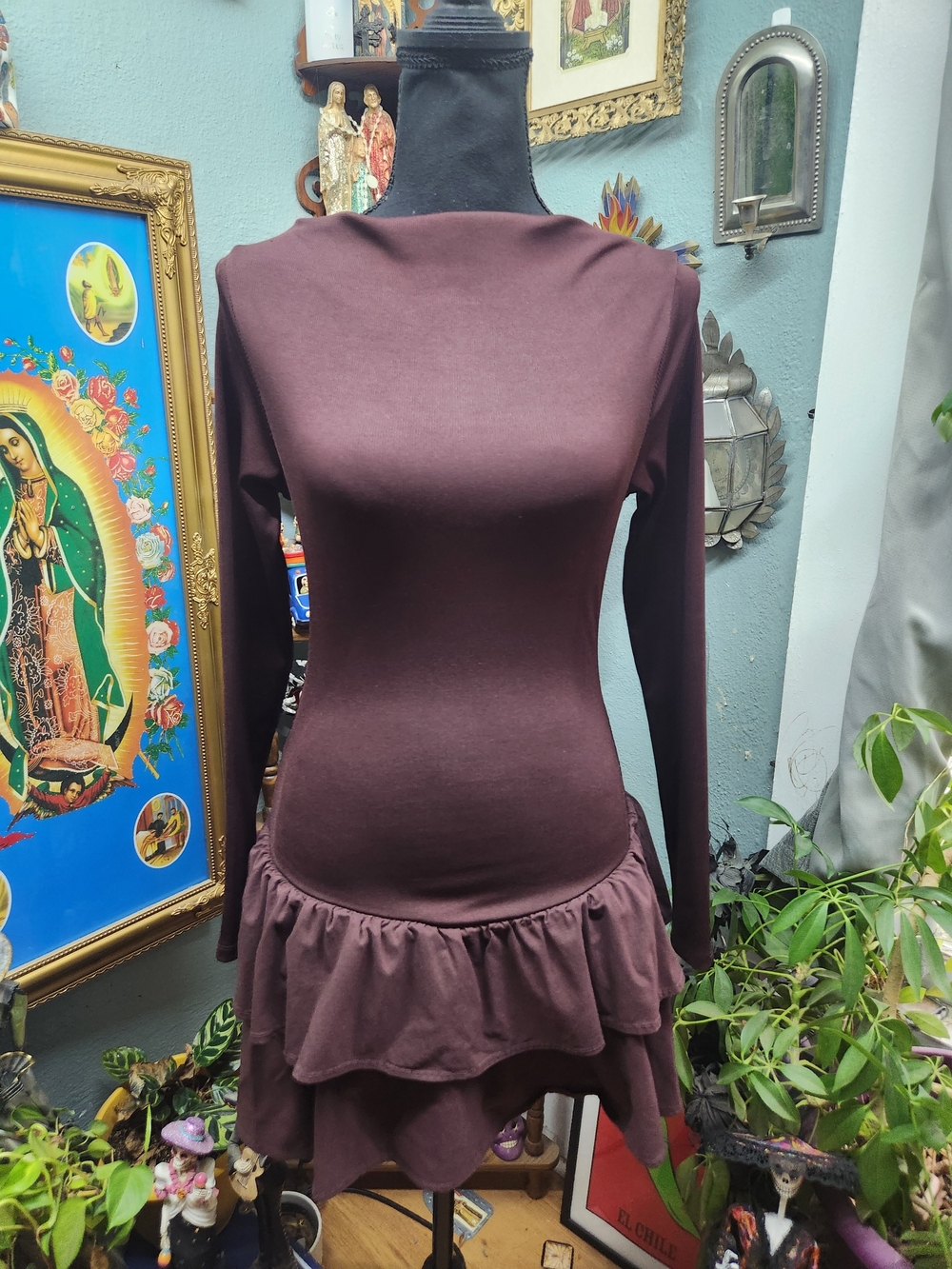 Haute Monde Long-Sleeve Tiered Ruffle Dress in Brown